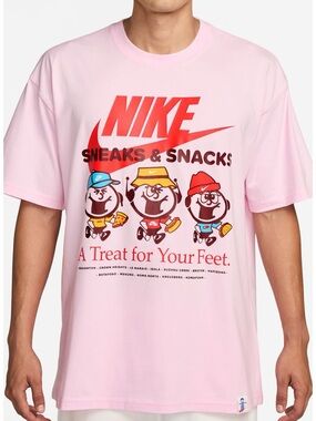 Nike Pink Graphic 'Sneaks & Snacks' Tee with Red Logo